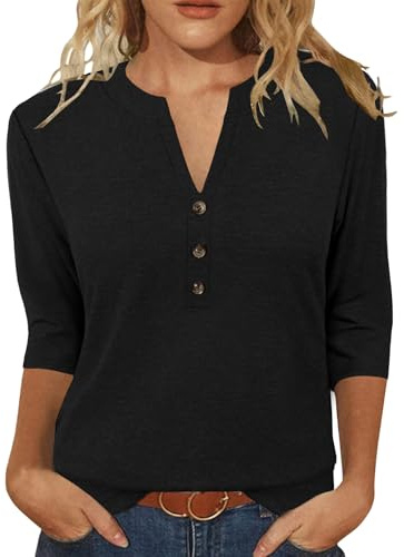 JomeDesign Summer Tops for Women V Neck 3/4 Sleeve Tshirts Solid Color Tunic Tees Black