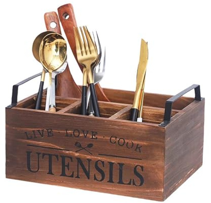 KOVNISE Portautensili da Cucina con Manico, Organizer in Legno per Utensili e Piano di Lavoro con 4 Scomparti, Decorazione Della Casa