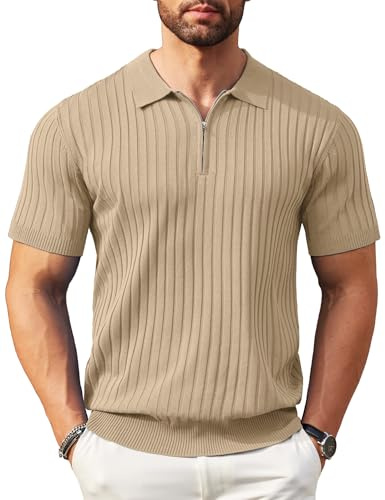 COOFANDY Mens Polo Shirts Short Sleeve Zipper Golf Non Iron Polo Knitted Slim Fit Stretch Polo T-Shirts Khaki M