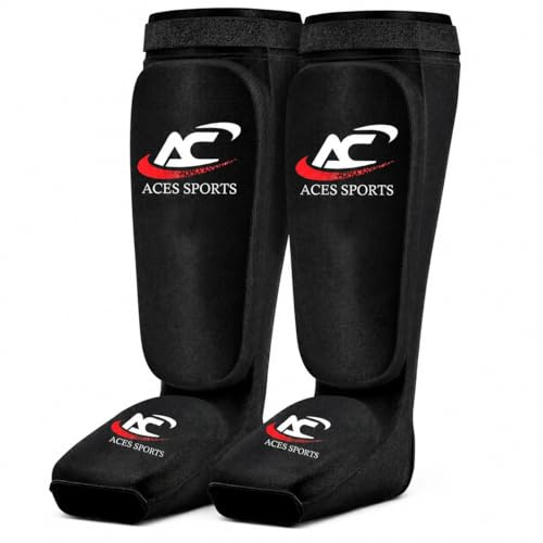 Shin Guard - Professional Muay Thai Shin Guards - Thick Leg & Foot Shin Instep Guard - Protective Sparring Gear for MMA, Taekwondo, Karate, Kickboxing (M)