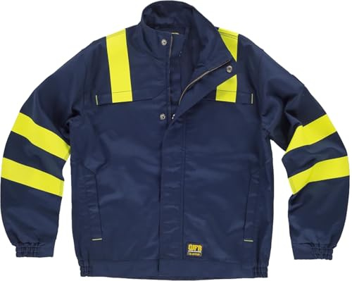 WORKTEAM B1196 Cazadora Ignífuga, Antiestática con protección para Soldadura y Arco Eléctrico, Visibilidad Realzada, Cintas Fluorescentes Amarillas y Triple Costura. Unisex Marino+Amarillo A.V. XXL