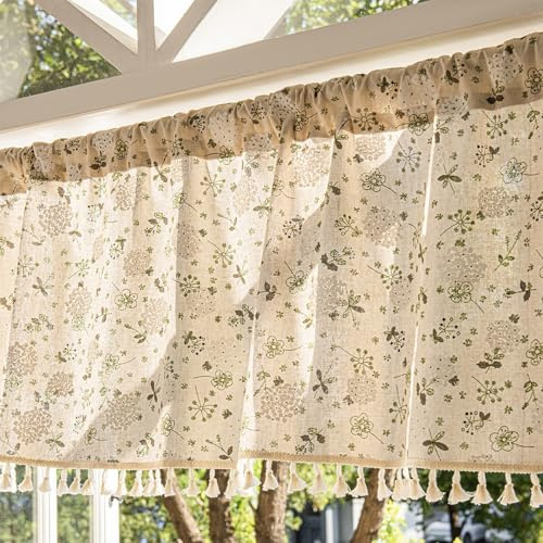 NSXIN Scheibengardine Halbtransparent Bistrogardine Blumen Küchengardinen Landhausstil Gardinen Quasten Vorhänge Kurz für kleine Fenster Küche Wohnzimmer (Gardenie,142cm*46cm)