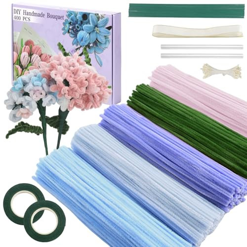 DGHOME 400pcs Pipe Cleaners for Craft Flowers, Pipe Cleaners for Tulip Bouquet, Fuzzy Sticks Craft Supplies for Flower DIY Craft Kit Gift, Chenille Stems Arts & Crafts with Tutorial (Colourful)