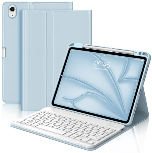 Coque Clavier pour iPad Air 11 Pouces (M4 2026, M3 2025, M2 2024), AZERTY Français Housse Clavier Bluetooth Magnétique Détachable avec Porte Crayon pour iPad Air 10.9 (5e/4e Génération), Bleu Ciel