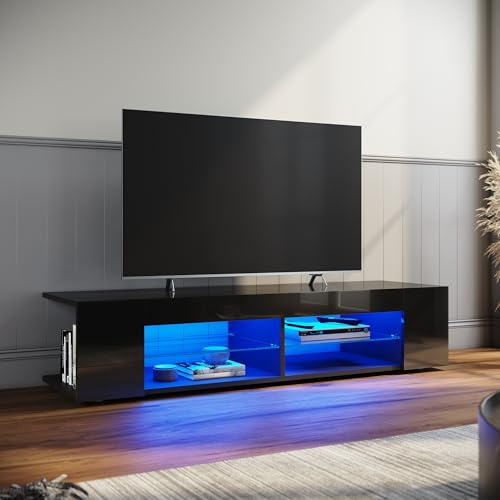 ELEGANT TV Stand Cabinet Unit with 16 RGB LED Lights, 1350x390x300mm | High Gloss Modern Black TV Unit with Open Glass Storage Shelves and 2 Rear Storage Compartments for Living Room, Bedroom
