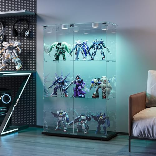 Glasvitrinskåp, vitrinskåp, glasvitrinskåp med LED-belysning, stående glasvitrinskåp med lås, 2 dörrar och 3 hyllor, vitrinskåp i glas för vardagsrum sovrum kontor (svart, 3 hyllor)