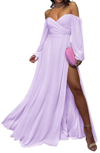 YIANN Abito da damigella d'onore a maniche lunghe in chiffon per donne con spacco senza spalline abito formale abito da sera, Lilla, 48