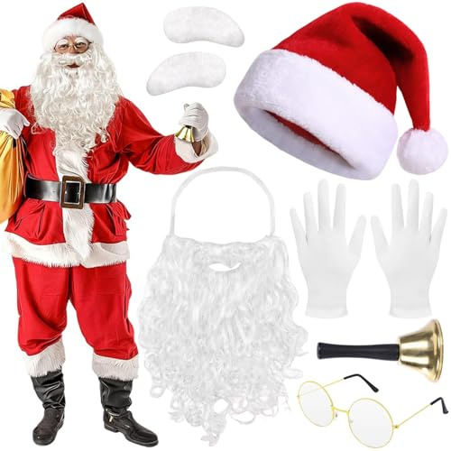 Spiritzohic Santa Claus Costume Accessory Set, Christmas Santa Outfit with Hat, Beard, Eyebrows, Glasses, Gloves and Bell, Father Christmas Costume for Christmas Parties Festive Celebrations