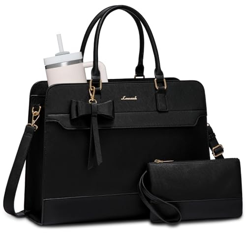 LOVEVOOK Laptop Bags for Women, 15.6 Inch Ladies Handbags Large Work Tote Bags with Compartments, PU Leather Womens Handbag Shoulder Bag for Office School Business Shopping, Black