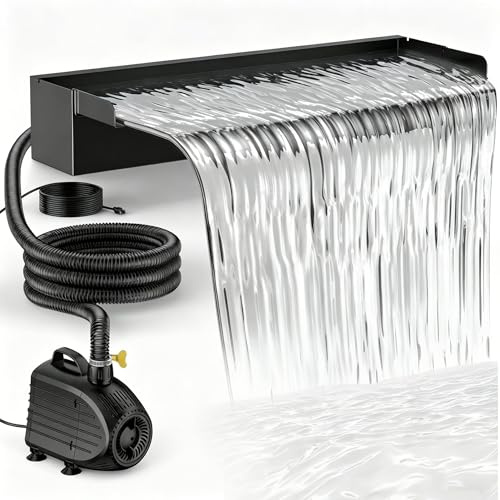 Biling 4500l/h 60 cm Edelstahl Wasserfall Teich für Gartenteich bis 9000L | Wasserfall Garten Koiteich Pool, Teichpumpe mit 5m EU-Stecker Kabel für flexible Platzierung, 3m Wellrohr, Einfache Montage