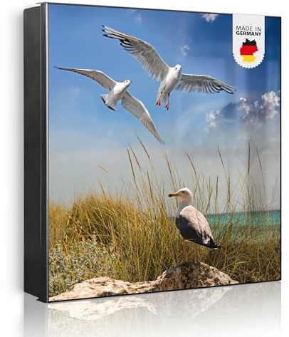 banjado Großer Schlüsselkasten Metall - Schlüsselbox 30x30cm beschreibbarer mit 32 Haken - Schlüsselkasten modern für Schlüsselaufbewahrung - Korpus Schwarz Scharnier Rechts - Motiv Möwen