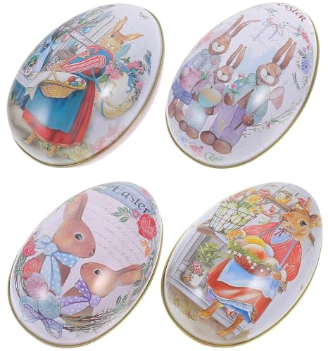 PRETYZOOM 4pcs Easter Tinplate Eggs Candy Box Easter Egg Shape Box for Party Favor Treat Tinplate Storage Containers