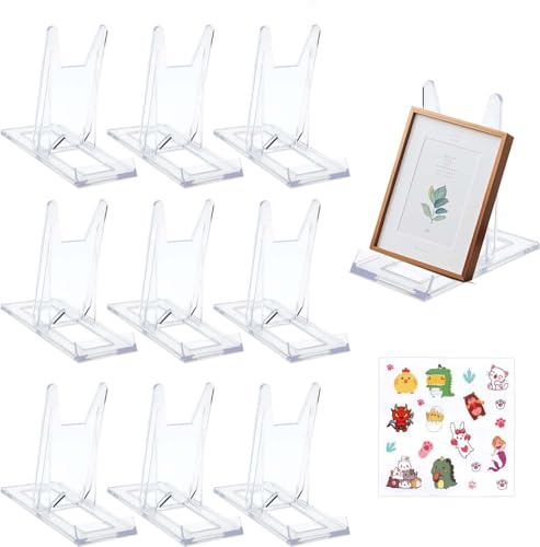 SLIAXINT Lot de 10 présentoirs en acrylique avec 1 autocollant - Transparent - Support pour assiettes, photos, cartes postales réglables - Pour cartes, livres, photos
