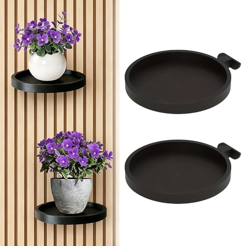 Zueyen Lot de 2 Supports pour Plantes sans Perçage pour Panneau Acoustique, Étagère à Clip pour Panneaux Muraux à Lamelles de 13mm, Support de Décoration Rond Noir, Charge Max 1,5kg