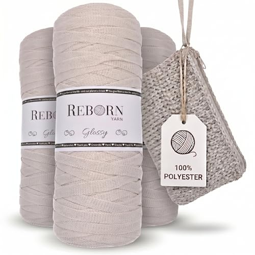 REBORN YARN Glossy Häkelgarn 250g pro Knäuel – Glänzendes Garn aus 100% Polyester für Taschen & Homedeko, stabil & reißfest, ideal für Clutches & Körbe (3, 7 | Silk Cocoon)