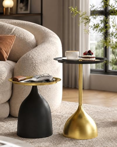 Xinyvee Beistelltisch Couch Kleiner Balkon Tisch Metall Kleiner Couchtisch Schwarz Gold 2er Set Moderner Coffee Table für Wohnzimmer Möbel Indoor Outdoor, Ø40 cm, 42+60cm Hoch