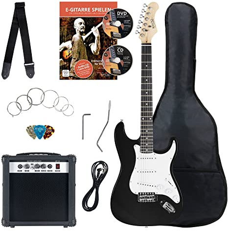 Rocktile Banger's Pack Komplettset E-Gitarre Schwarz (Verstärker, Tremolo, Tasche, Kabel, Gurt, Plecs, Ersatzsaiten und Schule mit CD/DVD)