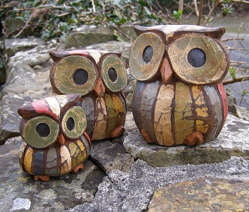 Eulen im Shabby Chic-Stil, 11, 9 und 7 cm groß, handgemacht, Fair Trade, 3er Set