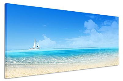 Impression sur toile - Vue panoramique - Plage, mer et voilier - Toile sur châssis : 150 x 50 cm