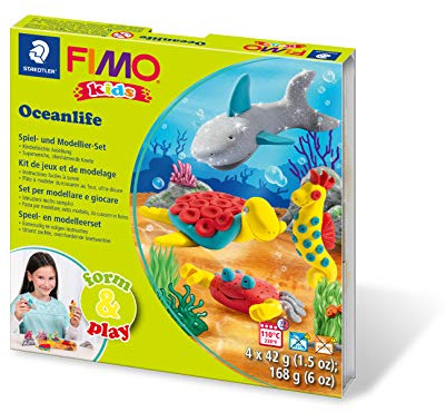STAEDTLER FIMO kids 8034 Oceanlife Set – 4 Blöcke à 42 g | Ofenhärtend, Modellierstab, Spieluntergrund & Aufkleber – für Kinder – Art.-Nr. 8034 14 LY