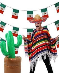 SUPER MEXIKO 5 TEILIGES SET ==BEINHALTET EINEN SOMBRERO IHRER Wahl ERHALTBAR IN 4 VERSCHIEDENEB FARBEN== EINEM MEHRFARBIGEN PONCHO = = EINEN AUFBLASBAREN KAKTUS 96cm GROß DER BODEN KANN MIT SAND ODER WASSER GEFÜLLT WERDEN==EINER 10meter LANGEN MEXIKANISCHEN FLAGGEN GIRLANDE==EINEN AUFKLEBBAREM SCHWARZEN MEXIKANER SCHNURRBART= VON ILOVEFANCYDRESS®==MIT ROTEN STICKEREIEN