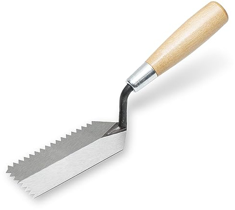 Llana de borde dentado Marshalltown, muesca en V con 6x4,5 mm y mango de madera, llana estrecha para lugares estrechos, dimensiones: 127x51 mm