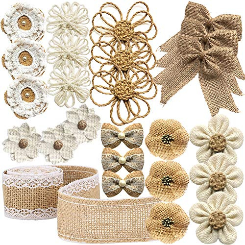 25-teiliges Set, handgefertigt, aus natürlicher Jute, Rosa, Blumen, für Handwerk, Jute, Blumen und Perlen, Dekoration, rustikal, 8 Stile mit 1 Rolle Stoffband
