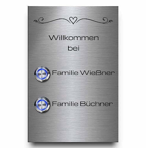 2 Fach Türklingel Doppel-klingel mit zwei Tastern und Gravur - Edelstahl Klingelplatte Modell Büchner 12x18 cm | mit Premium Klingelknöpfen