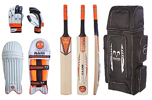 Ram Cricket Club Players Bundle - Complete Cricket Set with Cricket Bat, Batting Gloves, Pads & Duffle Bag. Perfect for Club, School & Casual Play - Junior (Size 5)