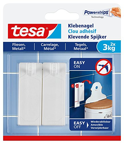 tesa Klebenagel Fliesen&Metall, 2er Set - Klebenagel für glatte und feste Oberflächen in Badezimmer und Küche, 3 kg Haltekraft - ablösbar und wiederverwendbar - 2 Stück