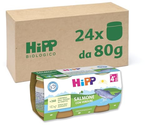 HiPP - Omogeneizzato di Pesce per Neonati, Gusto Salmone con Verdure, Senza glutine e Senza Aggiunta di Sale e Aromi, 24 Vasetti da 80 g