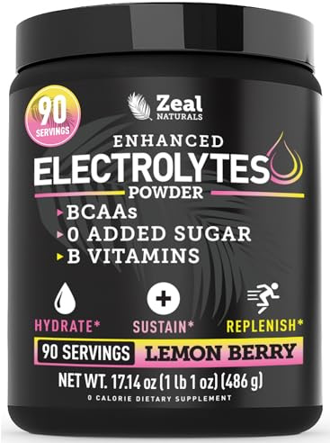 Zeal Electrolyte Powder - 90 Servings | Keto Electrolytes Powder | Zero Sugar, BCAAs, B-Vitamins | Potassium, Zinc, Magnesium | Hydration Powder Recovery Drink | Lemon Berry
