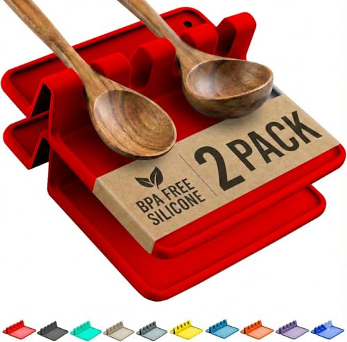 Cooler Kitchen 2er Pack Kochlöffelablage aus Silikon | BPA-frei | Hitzebeständige Utensilien- & Löffelablage | Besteckhalter Küchenhelfer (Rot)