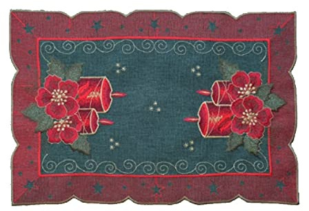 Tischdecke Tischläufer Mitteldecke Deckchen Weihnachten grün Bestickt mit roten Kerzen (30 x 45 cm)