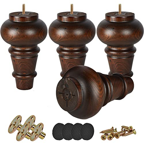 Btowin 15cm Holz Möbelfüße, 4 Stück Glasur Spindel Massivholz Tischbeine Kugelfüße mit M8 Bolzen & Montageplatten & Schrauben für Sofa Couch Schrank Ottomane Stuhl