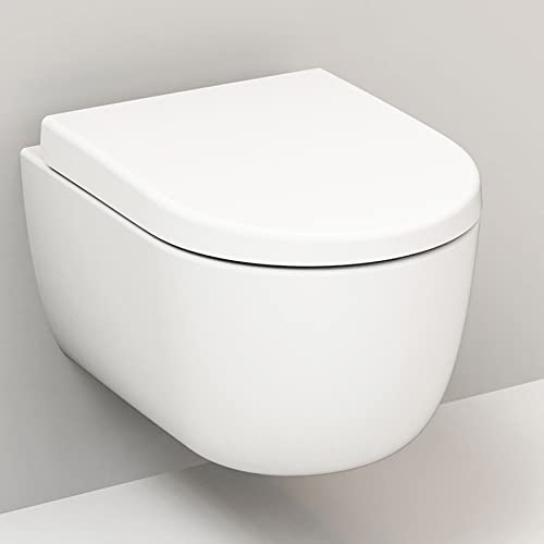 Hänge WC spülrandlos weiß matt I Wand WC Tiefspüler hängend randlos I inkl. Schallschutz und abnehmbaren WC-Sitz mit Softclose Absenkautomatik I Spülrandlose Toilette wandhängend I 49x36x33cm