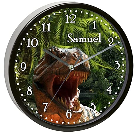 CreaDesign, Wanduhr für Kinderzimmer T-Rex, Kinderuhr schwarz mit Quarz Uhrwerk, personalisiert mit Name, Durchmesser 19,5 cm