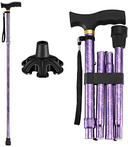 LIXIANG Folding Walking Cane, 5-Level Height Adjustable Walking Stick for Men & Women with Comfortable Plastic T-Handle Portable Walking Stick (Purple Flower)