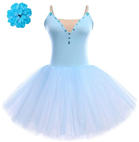 Odizli Ballettkleidung Damen Spaghettiträger Tanzbody Tütü Tüllrock Ballettkleid+Haarspange Tanzkleid