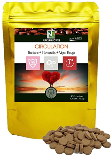 NAKURU | Circulation = Bardane + Hamamélis + Vigne Rouge | Gamme Power | Fabriqué en France | (90 Comprimés de 470mg / Poids Net: 42,30g)