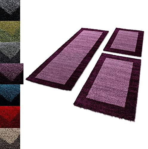 Carpettex Bettumrandung Schlafzimmer 3teilig Shaggy Teppich Hochflor Bordüre Muster Lila Bettset:2 mal 80x250 + 1 mal 100x200 - Bettvorleger Schlafzimmer Läuferset Weich Langflor Bettumrandung Teppich