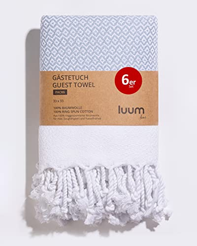 Luum® 6er Set Hamam Gästehandtücher, Deko Handtücher, Seiftuch, Waschlappen, Stoffservietten, Putzlappen, 100% Baumwolle schnelltrocknend fusselfrei Himmelsblau 33x33 Geschenkset Geschenke für Frauen