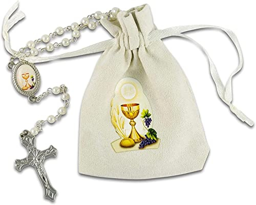 MaMeMi Rosenkranz zur KOMMUNION mit VERSCHLUSS – weiß mit PERLEN – im STOFFBEUTEL mit KELCH-MOTIV – 34 cm lang – religiöses KOMMUNIONSGESCHENK für Mädchen & Jungen Markenqualität