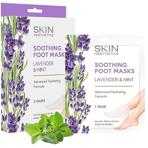 Skin Aesthetics Lavender & Mint Foot Masks - Repairs & Softens Cracked Feet, Hydrating & Exfoliating - Dermatologist Tested Korean Skincare - Clean Beauty, Natural Ingredients, Cruelty-Free - 3 Pairs