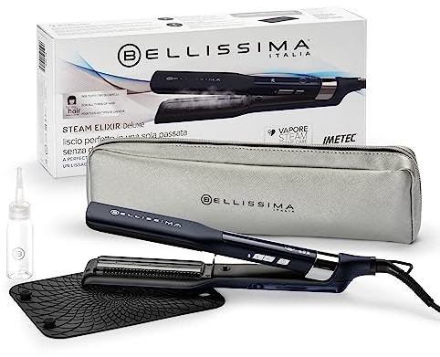 Bellissima Imetec Steam Elixir Deluxe, Piastra a Vapore Professionale, Capelli Lisci in una Sola Passata, Tecnologia Avanzata, Ceramica & Olio Argan, 4 Temperature, Tappetino Termoresistente