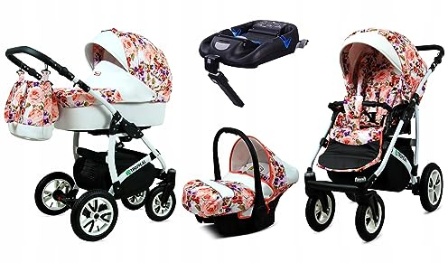 BabyLux® Kinderwagen Set 4 in 1 - Tropical - incl. Babywanne, Buggy Sportsitz, Auto-Babyschale, ISOFIX-Basisstation - Autositz - Kinderwagenset - Kombikinderwagen mit Wickeltasche usw.