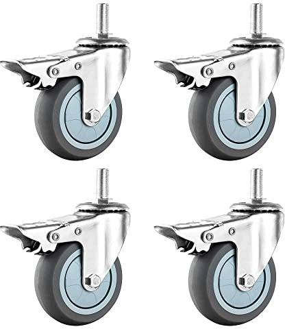 75-mm-Set mit 4 Lenkrollen, M10 x 30 mm, M12 x 30 mm Gewindeschaft-Lenkrollen, leise Gummiräder, schwere Möbelrollen, 3 Kombinationen, 4 gebremst, 4 drehbar, 2 gebremst / 2 drehbar
