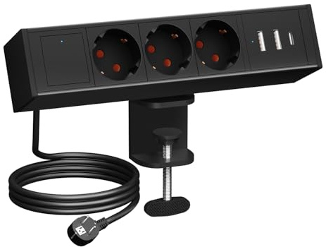 Tischsteckdose mit 2 USB und 1 Type C Port，3 Fach Steckdosenleiste mit Schalter, 1,8M Kabel, Schreibtisch Mehrfachsteckdose Klemmbar für Zuhause Büro