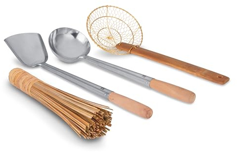 Craft Wok-verktyg 4 st set: slev, spatel, sil, bambuborste/redskap traditionella asiatiska köksredskap med trähandtag/732W9