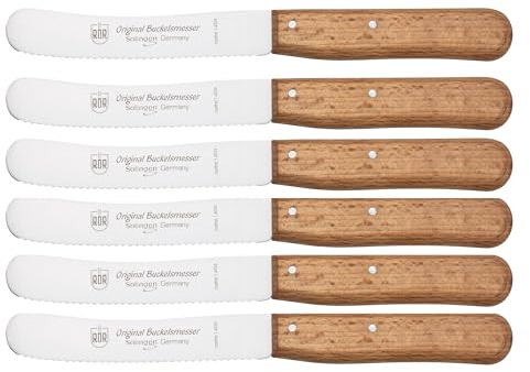 RÖR Küchenmesser/Brotzeitmesser - Buckelsmesser Set 6-teilig mit Wellenschliff - rostfrei mit Buchenholzgriff - Länge: ca. 22 cm - Made in Germany/Solingen